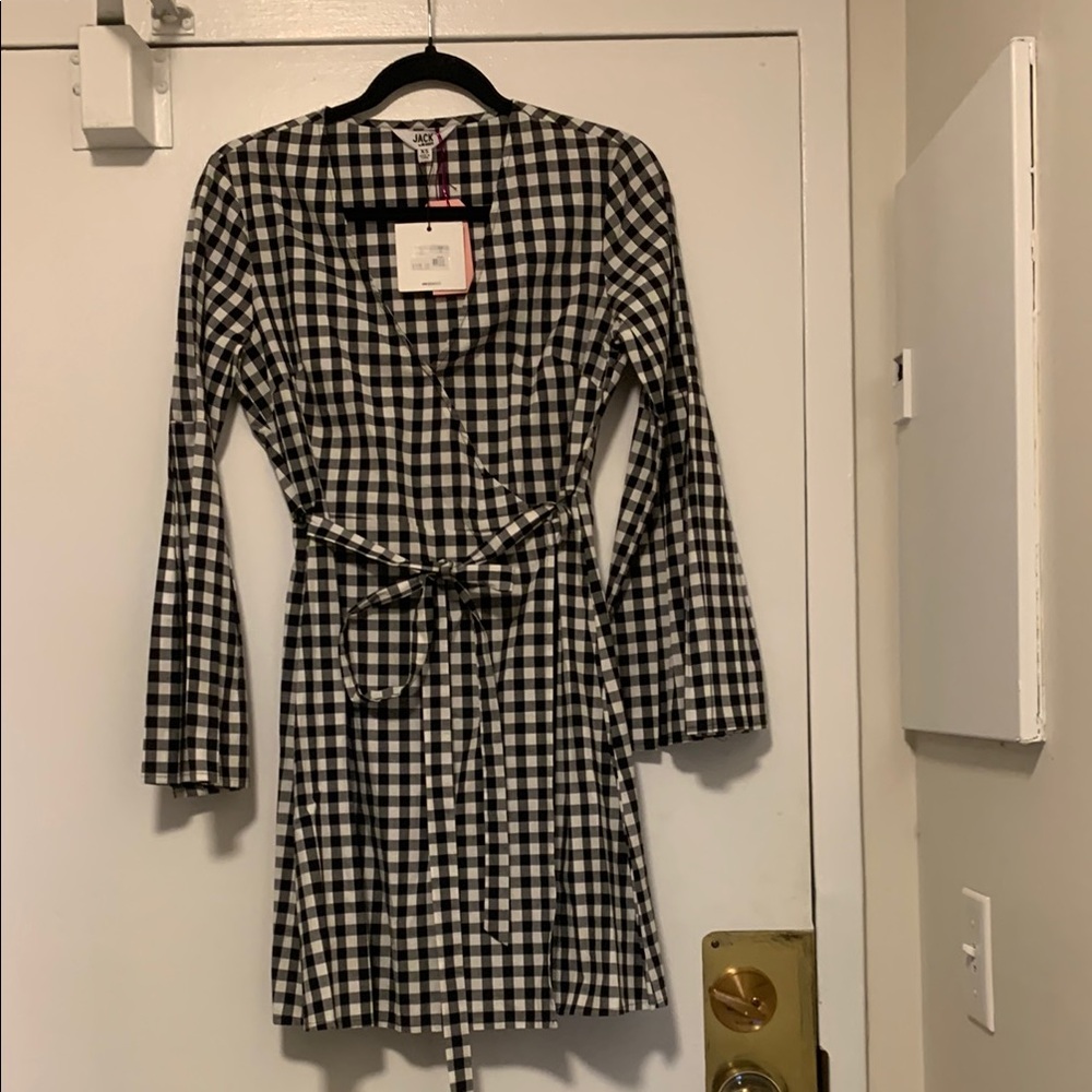 New Black and White Checkered Wrap Dress